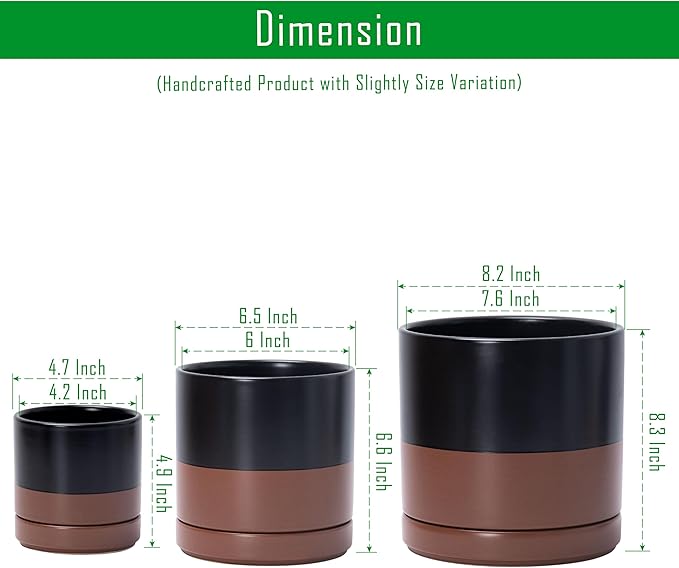D'vine Dev 4 Inch & 6 Inch & 8 Inch, Set of 3 Round Ceramic Planter Pot with Drainage Hole and Saucer, Black/Speckled Tan, 94-T-M-7