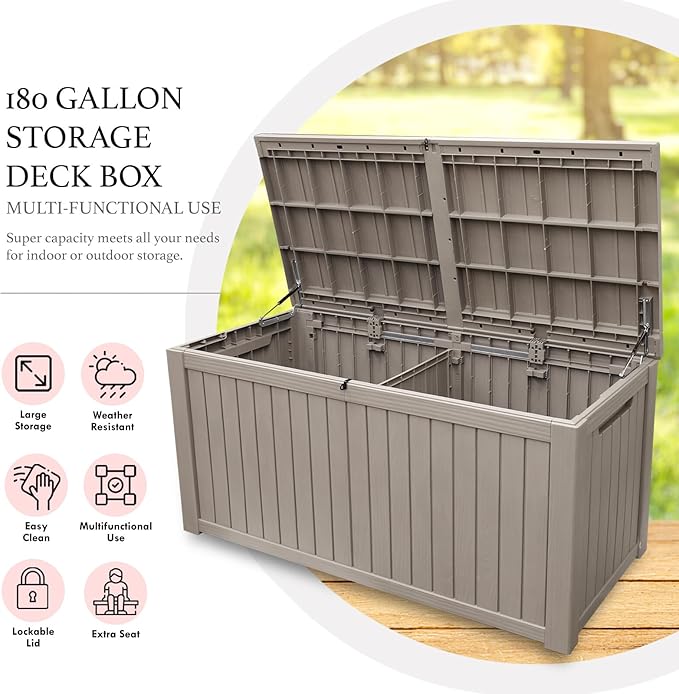 AJP Distributors 180 Gallon Outdoor Storage Box, Rain Waterproof Resin Deck Box, Lockable Large Storage Container for Patio Furniture, Cushions, Garden Tools, Sports Equipment and Pool Supplies Taupe