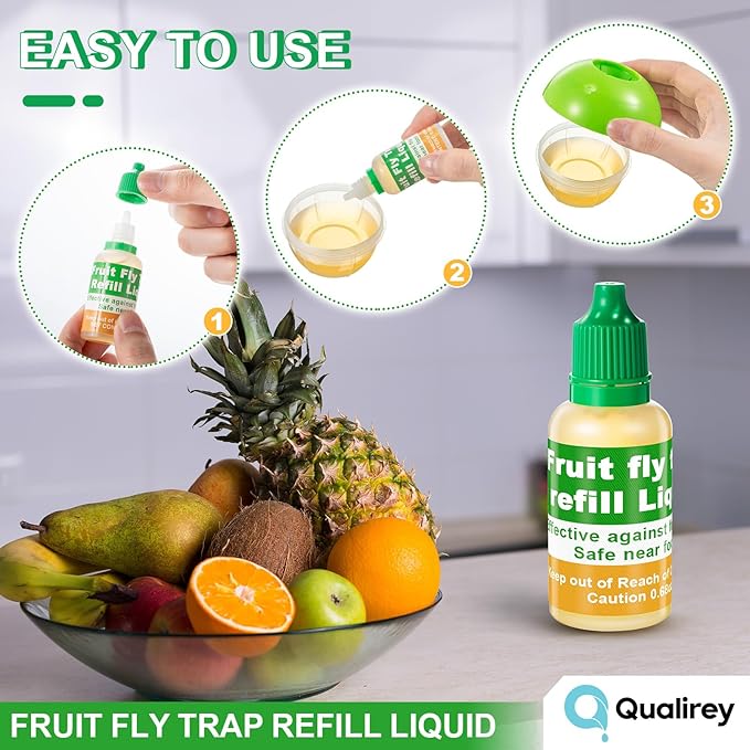 Qualirey 24 Pack Fruit Fly Trap Refill Liquid, 0.68oz Per Bottle Liquid Fruit Fly Traps for Indoors, Non Toxic Bait Safe Near Pets, Food and Kids, Lure Refill for Home Kitchen