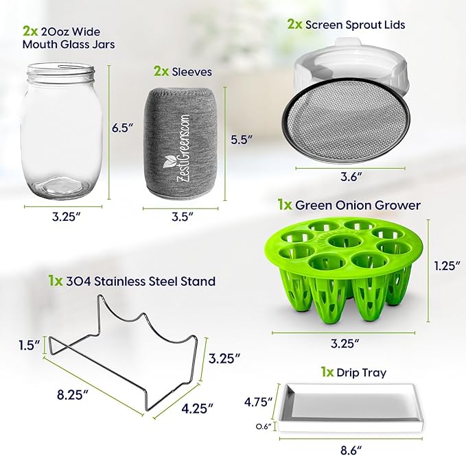 Premium Sprouts Growing Kit & Green Onion Regrower with 2 Mason Jars & Superior Sprout lids. Perfect Sprouter Set for Growing Broccoli, Alfalfa & Beans.
