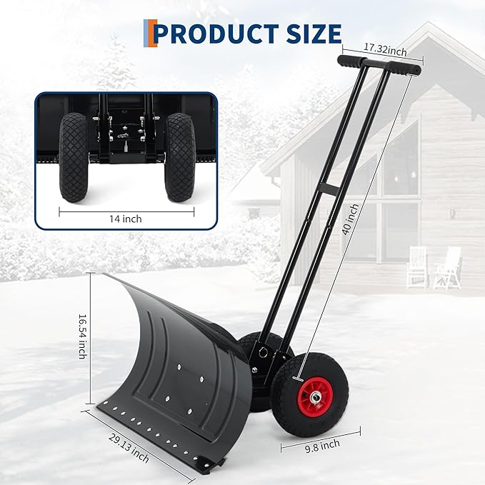 GarveeHome Snow Shovel Pusher for Driveway, Large 29" W Snow Shovel Pusher with Wheels, Ergonomic Snow Pusher Shovel with Snow Removal Adjustable Angle & Height Handle for Sidewalk, Double Rod