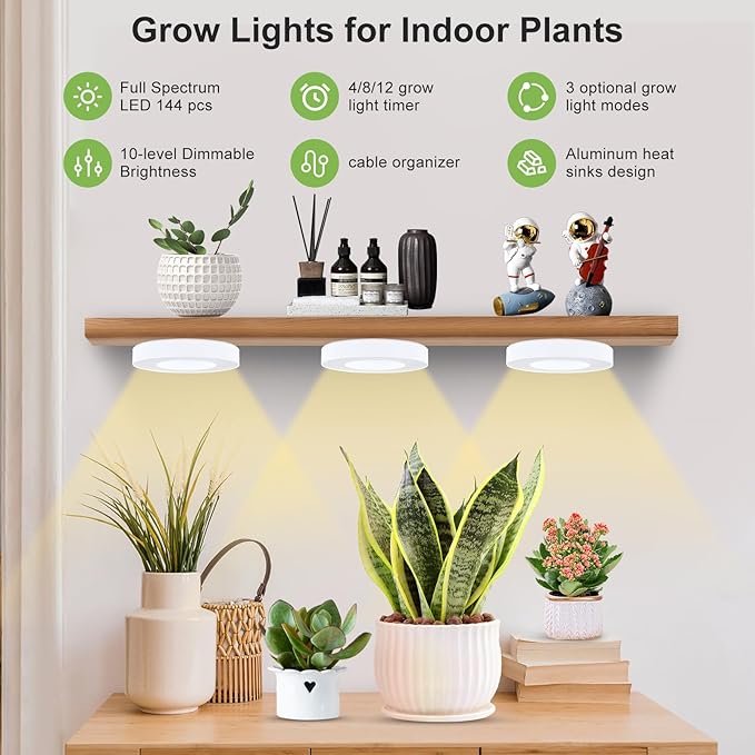 Grow Light for Indoor Plants, 144 LEDs Full Spectrum Halo Plant Light with Auto On/Off Timer (4/8/12H), 10-Level Dimmable, 3 Lighting Modes for Small Plants, Succulents (White, Tri Head)
