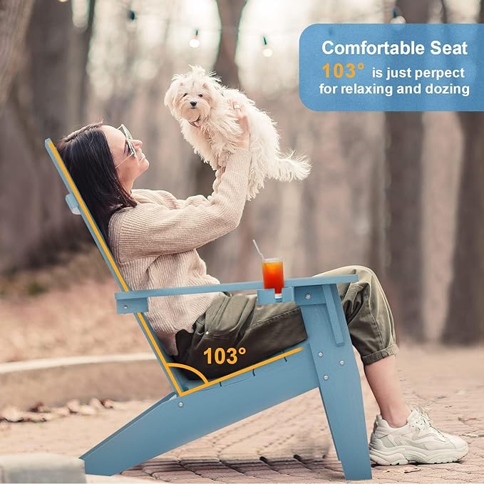 MXIMU Modern Adirondack Chairs Set of 4 Weather Resistant with Cup Holder Oversize Plastic Fire Pit Chairs Plastic Outdoor Chairs for Firepit Area Seating (Blue)