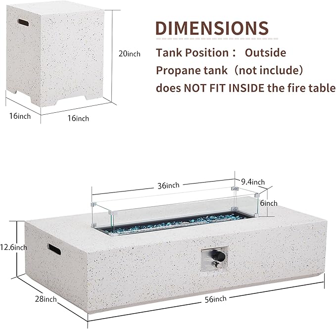 NAGA HABNA 56 Inch Propane Fire Pit Table, Rectangle Outdoor Fire Table w Tank Table (50,000 BTU), 3 Piece Gas Fire Pit w Glass Wind Guard and Blue Fire Glass for Garden, Pool, Backyard