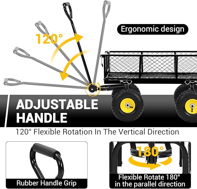 Heavy Duty Steel Garden Cart, 900 LBS 3 in 1 Pullable Metal Garden Wagon with 10" Wheels, 180° Rotating Handle and Removable Sides for Farm, Yard