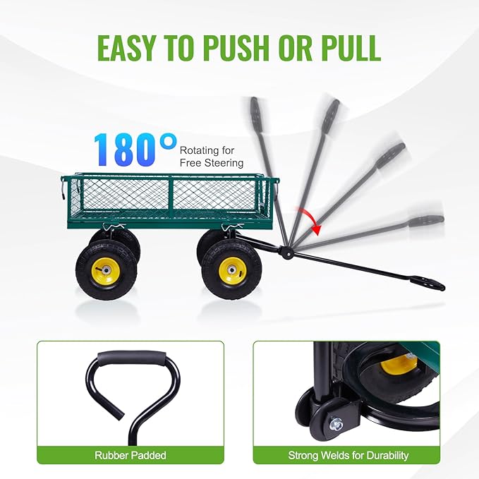 Backyard Expressions Heavy-Duty Steel Garden Cart – 400 lb Capacity, Removable Mesh Sides, Flatbed Convertible Yard Wagon with 10" Pneumatic Tires