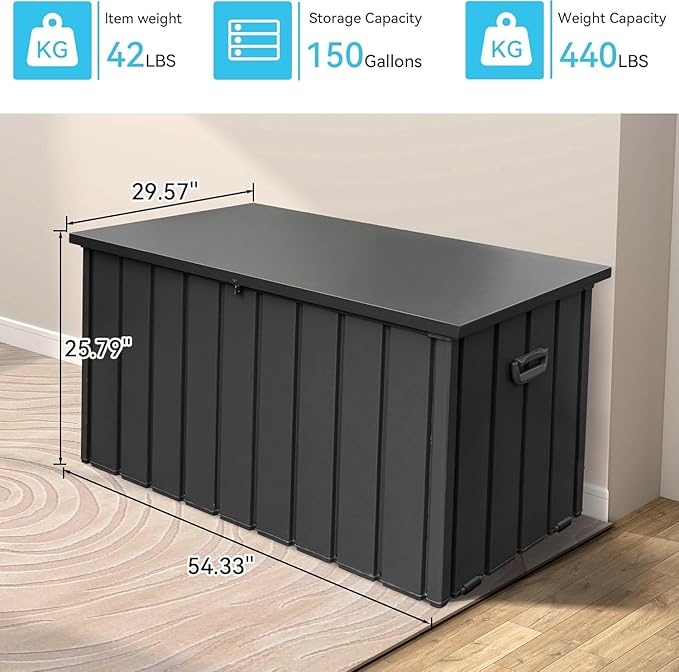 Metal Outdoor Storage Box, 150 Gallon Waterproof Deck Box for Patio Cushion, Outside Storage Cabinet Rust/UV Resistant, Lockable Garden Tool Storage Bin for Porch Package Delivery, Grey