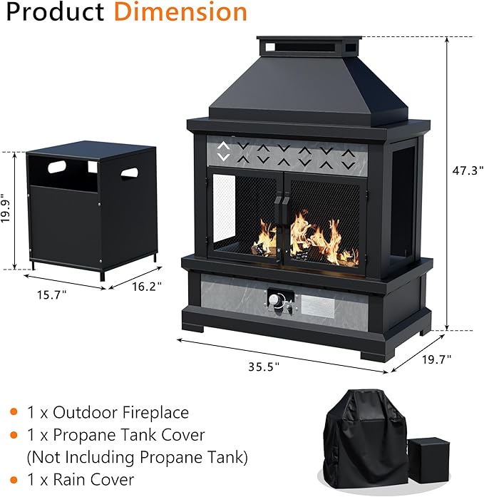 Outdoor Propane Fireplace w Tank Table, 50,000 BTU Gas Fire Pit with Ceramic Logs, Rain Cover, 35 Inch Steel Metal Smokeless Fireplace for Patio, Deck, CSA Certified (35 x 47 Inch)