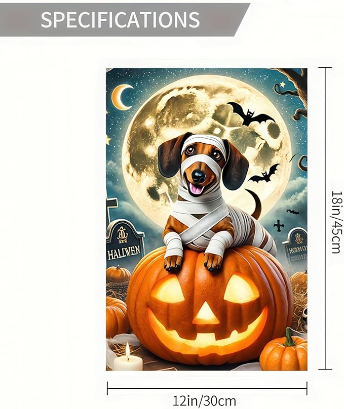 Happy Halloween Garden Flags Ghost Dog Skeleton Dachshund Dog Small Yard Flag for Outdoor Decor 12x18 Inch Vertical Double Sided for Outside Decoration