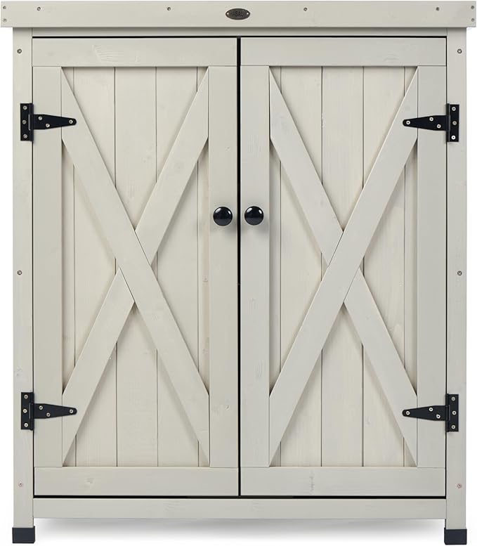 Outdoor Storage Cabinets Weatherproof for Patio, Garden Work Bench with Shelves & Metal Tabletop, Wooden Potting Table Workstation