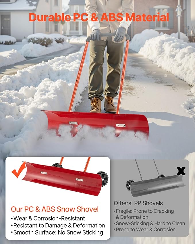 VEVOR 38-inch Snow Pusher Shovel with Wheels, Bi-Directional Heavy Duty Wheeled Push Snow Shovel for Driveway and Sidewalks with Angeled Blade
