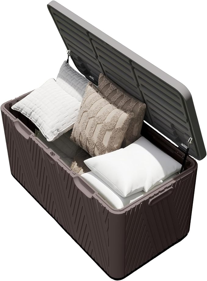 Kingdura 110 Gallon Outdoor Storage Box, Waterproof Resin Deck Box for Indoor and Outdoor Use, Lockable Storage Container for Patio Furniture Cushions Garden Tools (Coffee, 110 Gallon)