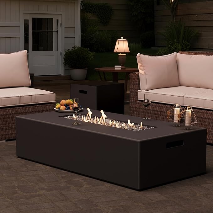 2-Piece Outdoor Propane Fire Pit Table Set – Premium Marble-Like MgO Finish, 56-Inch Gas Fire Table with Tank Table for Patio, Garden & Backyard, Includes Rain Cover & Glass Beads