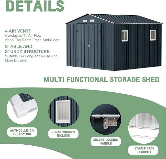 Breezz Outdoor Storage Shed 10 x 10 ft. Utility Tool Shed Metal Storage Garden Shed with Lockable Doors, Windows & Metal Frame Floor for Patio Storage,Nightblue