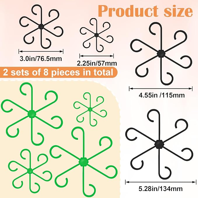 8PCS Plant Stem Support, 4 Sizes Climbing Houseplant Stem Holders, Plastic Reusable Flower Trellis Stem Hook Plant Care Growth Accessories for Flower Plants Indoor Outdoor - Black, Green