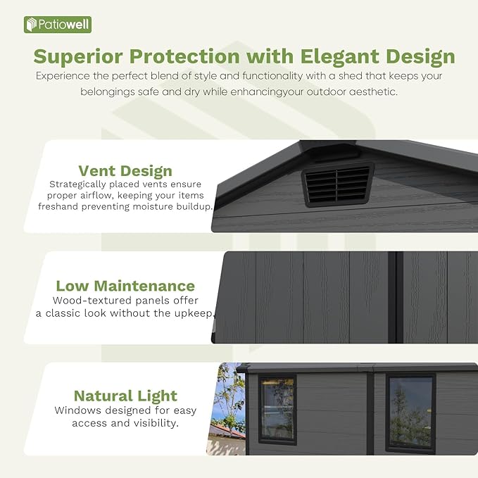 Patiowell 6 x 8 FT Plastic Outdoor Storage Shed with Floor - Weatherproof Resin Tool Shed, Lockable Door & 2 Windows, Easy Assembly for Garden, Backyard, Lawn Equipment (Dark Grey)