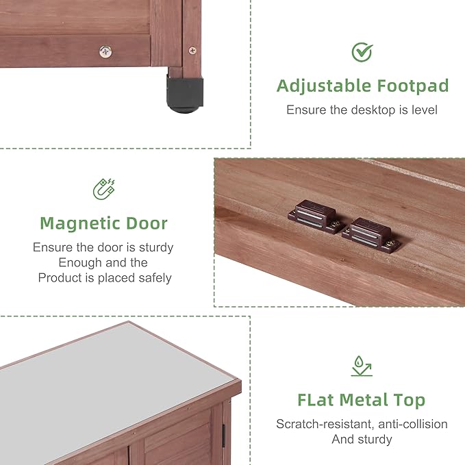 Potting Bench with Storage Cabinet and Metal Table Top for Outdoor Patio, Garden Furniture Wood Workstation (Dark Brown, 31x17x36)