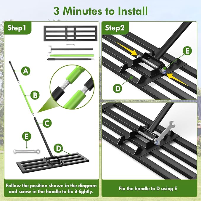 Seeutek Lawn Leveling Rake, 30” x 10” Lawn Leveler with 6.5FT Stainless Steel Handle Rakes for Lawns, 0-180° Adjustable Ground Leveler Tool for Yard, Level Soil Sand Dirt Surfaces