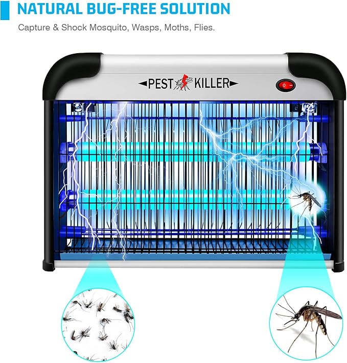 Indoor Electric Bug Zapper, 2800V Powerful Flying Insect Mosquito Killer w/ 20W Blue Light Attract, Plug-in Pest Control Machine for Moth, Fruit Fly, Fungus Gnat, Garage Bug Catcher/Eliminator/Trap