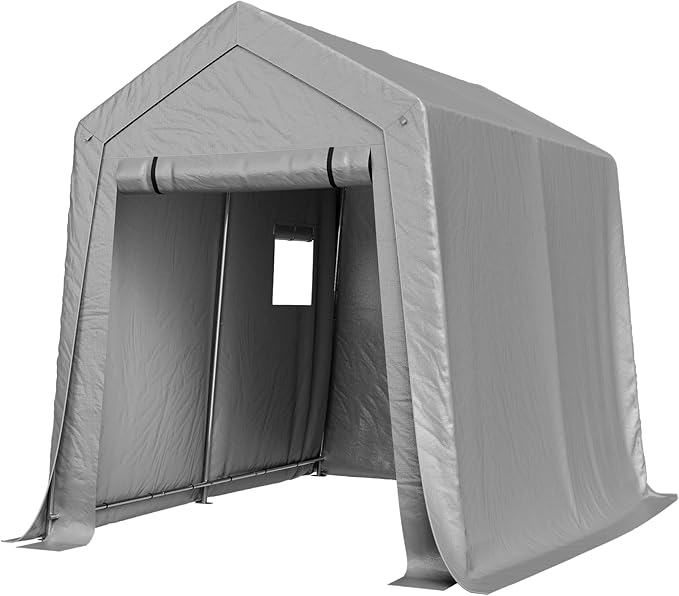 Aoxun 6x8x7 FT Outdoor Portable Storage Shed Tent with Roll-up Zipper Door and Window Portable Carport with Waterproof Tarp Galvanized Steel for Motorcycle, Generator, Bike Storage (Gray)