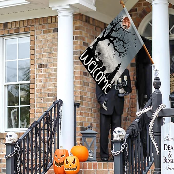 Welcome Halloween House Flag 28x40 Inch Double Sided Burlap Large Witch Pumpkin Flag Outside Porch Decor Halloween Yard Decoration DF110-28