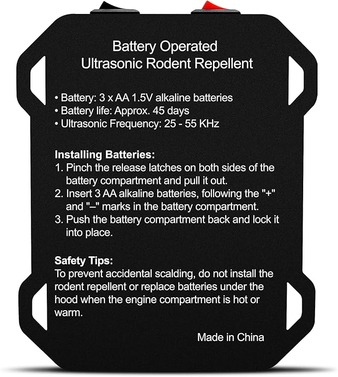 Ultrasonic Rodent Repellent for Car Engine – Battery Powered Under Hood Mouse Repeller with Flashing Strobe Light, Keeps Rats and Mice Away from Vehicle, Automobile, Truck, Garage, Attic, Barn, Shed