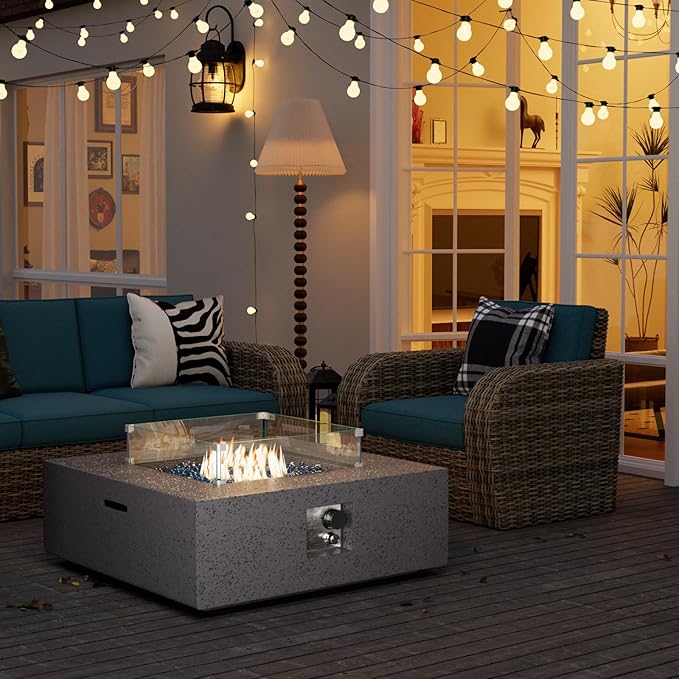 SUNBURY Outdoor Propane Burning Fire Pit, 35 inch Square Patio Fire Table 50,000 BTU Fire Pit for Outside with Waterproof Cover and Glass Stones, Light Gray