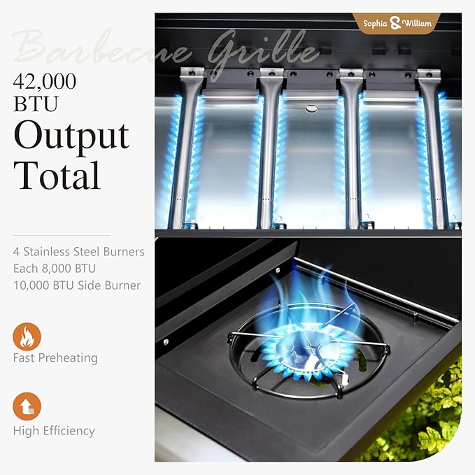 Sophia & William 4-Burner Gas BBQ Grill with Side Burner and Porcelain-Enameled Cast Iron Grates, 42,000BTU Propane Grills Outdoor Cooking Barbecue Cabinet Style, Blue
