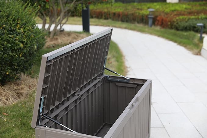 BTEXPERT 80 Gallon Deck Box Outdoor Storage Container with Steel Insert for Patio Furniture Garden Tools Cushions Pool Supplies Sports Equipment Waterproof Lockable UV Resistant Resin