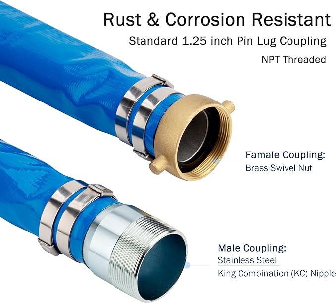 DAVCO 1.25" ID x 50 ft Pool Backwash Hose, Heavy Duty Reinforced Blue PVC Lay Flat Water Discharge Pump Hoses For Swimming Drain Pools and Clean Filters, with Brass NPT Pin Lug and KC Nipple Fittings