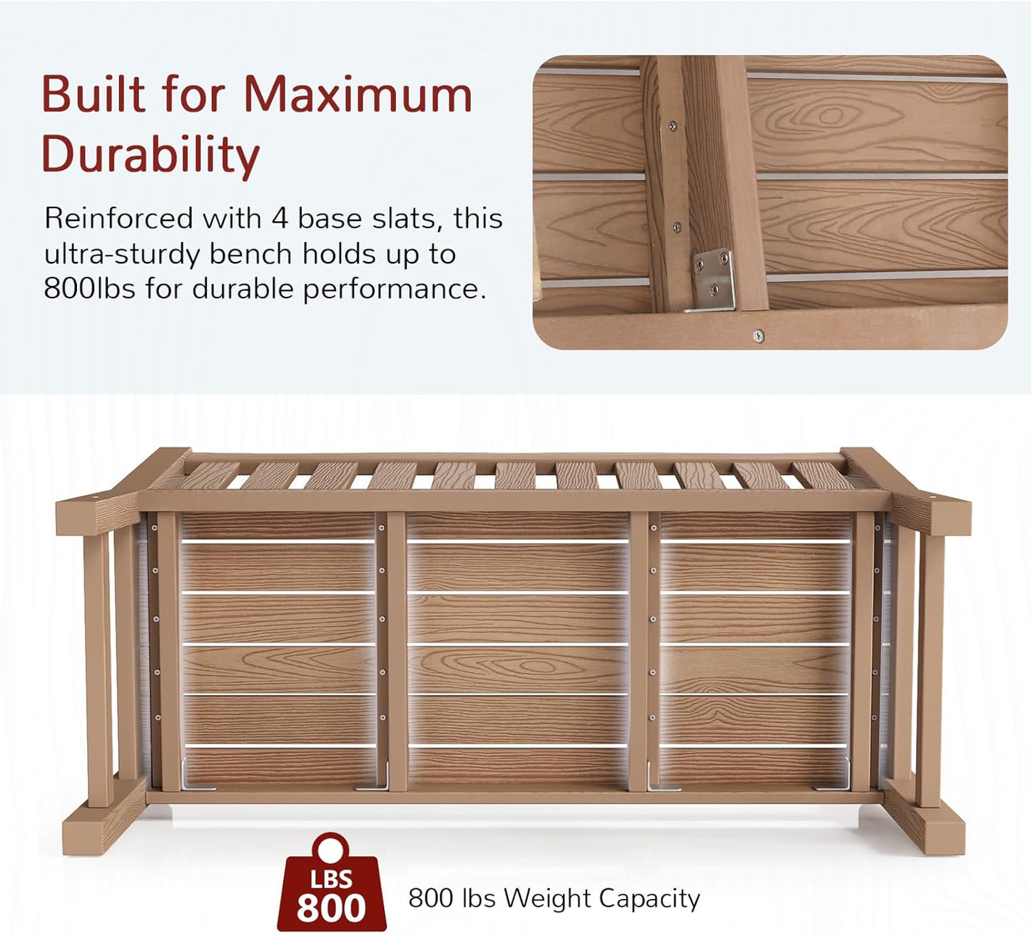 Outdoor Bench, 2-Person Poly Lumber Garden Bench, All-Weather Outside Bench with 800 lbs Weight Capacity, Never Rot or Fade, Looks Like Real Wood, Teak