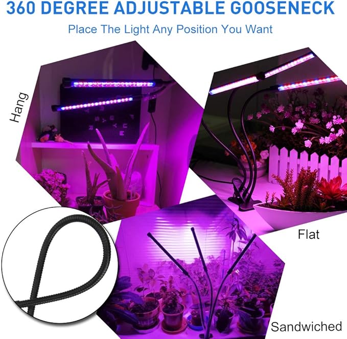 60W Led Plant Grow Lights for Indoor Plants, LED Grow Lamp Bulbs Plant Lights Full Spectrum with Adjustable Neck, Auto ON Off with 3/9/12H Timer Clip-On Desk Grow Lamp for Veg/Flowers