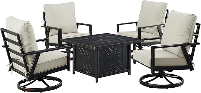 Oakland Living Black Aluminum Patio Fire Table Set with Four Club Chairs with Light Grey Cushions