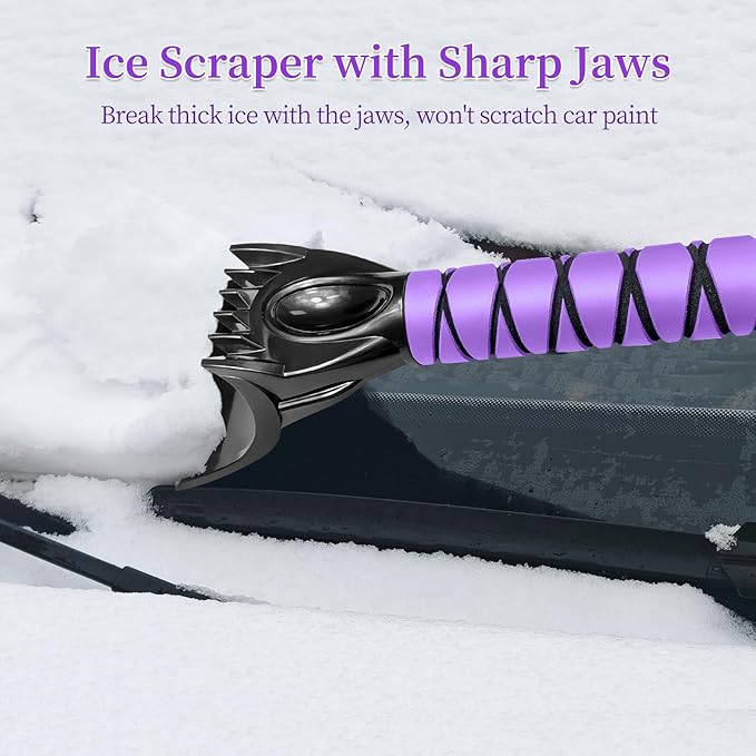 HEEYA 51 Inch Snow Brush for Trucks, Extendable Long Handle Ice Scraper with Brush with Foam Grip, SUV Heavy Duty Snow Brush with Ice Scraper for Car Auto Jeep RV Vehicle Windshield Window - Purple