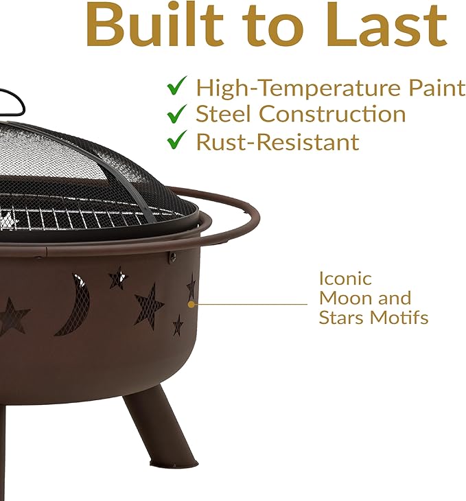 Sunnydaze Cosmic 30-Inch Patio Fire Pit for Outside - Outdoor Wood-Burning Fire Pit with Grill Grate, Spark Screen, and Fireplace Poker