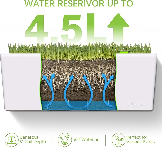 Glowpear Self Watering Railing Planter Box - 23.6", White - UV Stable, Scalable Plant Pot with Water Gauge, Indoor Outdoor for Vegetables, Flowers, Herbs, and Succulents