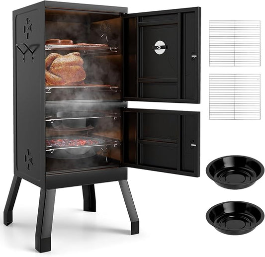 Charcoal Smoker Outdoor, Vertical BBQ Smoker with Thermostat, 2 Access Doors, 2 Cooking Grates, 2 Removable Pans & 4 Air Vents, Meat Smokers Grill for Parties, Barbecues and Backyard