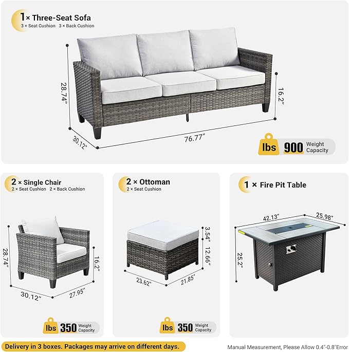 ovios Patio Furniture Set, 6 Pieces Outdoor Wicker Sofa Couch with Fire Pit Table, Ottomans and Comfy Cushions, All Weather High Back Rattan Conversation Set, Grey
