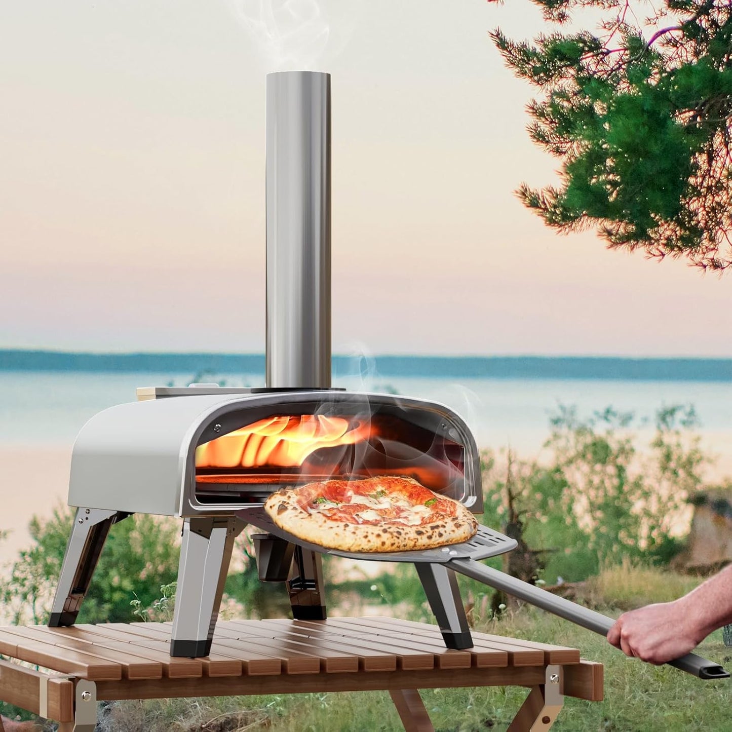 Outdoor Pizza Oven 12" Wood Pellet Pizza ovens With Rotatable Round Pizza Stone Portable Wood Fired with Built-in Thermometer Pizza Stove for Outside Backyard Camping Picnics (Grey-revolving)