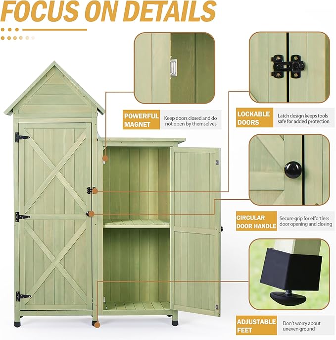 Outdoor Storage Cabinet - Waterproof Metal Roof & Wooden Vertical Design, Tall Garden Tool Shed with Multiple Shelves for Patio, Backyard, Lawn, Yard (Green, 22" x 46" x 67")