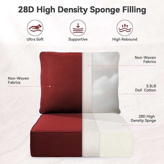 Luxury 6" Outdoor Cushions for Patio Furniture, 24x24x6 Thick Seat Cushion Set of 3, Fade Resistant Couch Chair Replacement Cushions High Density Deep Wicker Chair Cushion w/Removable Cover, Red