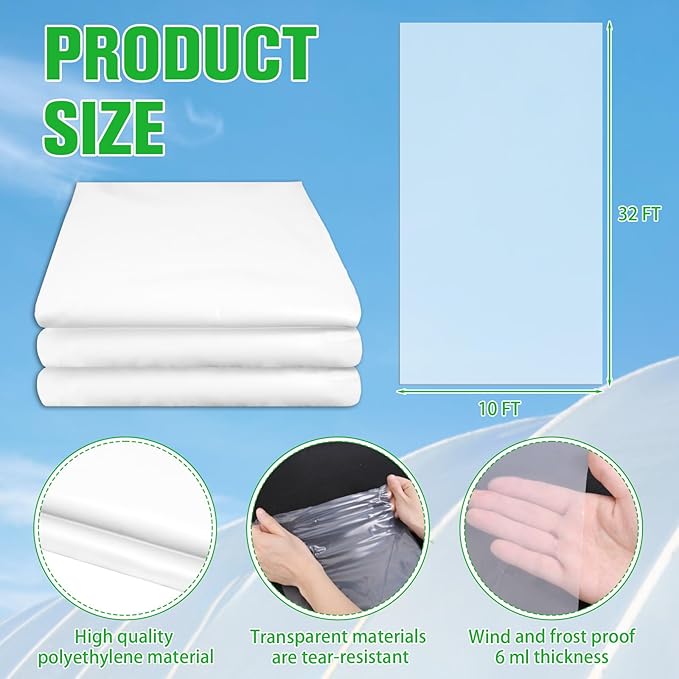 Greenhouse Plastic Film, 6 Mil Thickness Greenhouse Plastic Sheeting, Clear Polyethylene Film UV Resistant for Gardening, Farming, Agriculture (10 x 32 FT)
