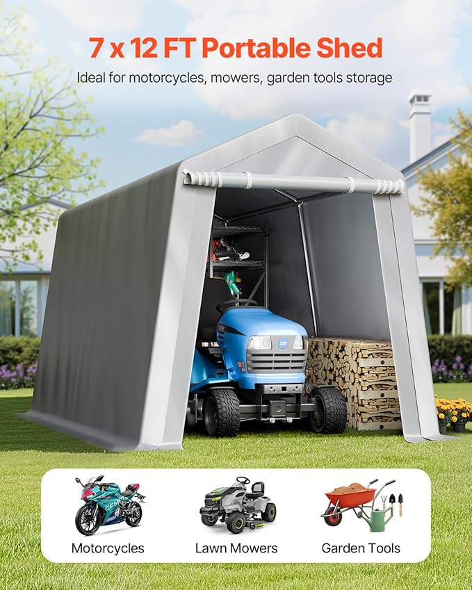 VEVOR Outdoor Storage Shed, 7 x 12 ft Portable Storage Tent with Roll-up Door & Vents, Waterproof Canopy Shed Shelter, Heavy Duty Frame, Patio Garage Carport for Motorcycle, Lawn Mower, Bike, Grey