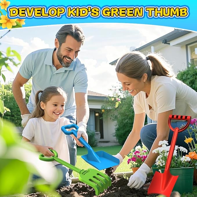 Jumbo Beach Shovels Rake Spade Toys Set for Kids, 16" Long Handle ABS Plastic Sand Scoop, 3 Pack Planting Summer Winter Travel Gift for Mud Sand Snow Digging, Backyard Gardening Tool Accessories