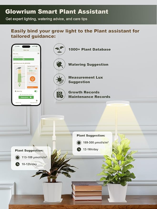 GLOWRIUM Smart LED Grow Lights for Indoor Plants, Desk Plant Light with Bluetooth App Control, 8W Full Spectrum Grow Lamp, Height Adjustable 16"-23", Auto Timer, Watering Reminder for Small Plants