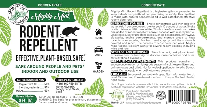 Mighty Mint Peppermint Oil Rodent Repellent Concentrate – Natural Indoor & Outdoor Control for Mice and Rats – Plant-Based, Extra-Strong Formula - 16 oz