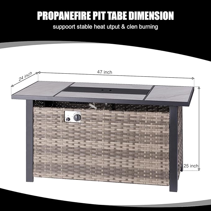 47" Propane Fire Pit Table with Real Ceramic Tabletop & Ratten Side Panel, 50000 BTU Gas Firepit Table with Lid & Glass Rock, Outdoor Fire Pit for Dining or Party, Firepit for Outside, Patio