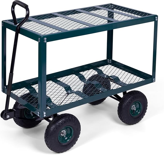 Backyard Expressions 2-Tier Heavy Duty Steel Garden Cart with Mesh Shelves and Pneumatic Wheels – Utility Wagon for Lawn, Yard, Landscaping & Outdoor Projects