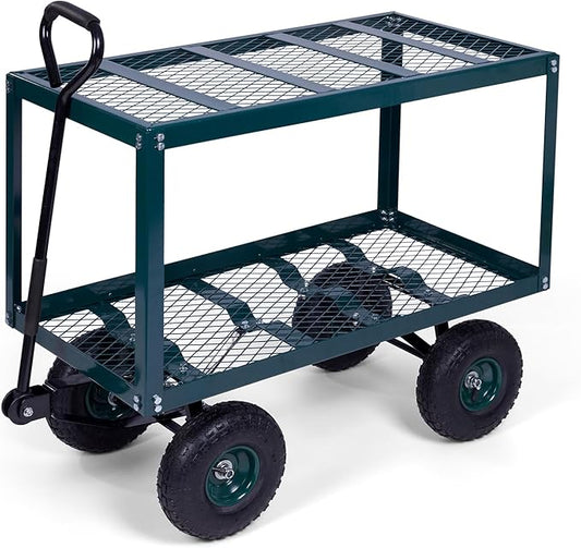 Backyard Expressions 2-Tier Heavy Duty Steel Garden Cart with Mesh Shelves and Pneumatic Wheels – Utility Wagon for Lawn, Yard, Landscaping & Outdoor Projects