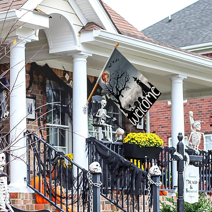 Welcome Halloween House Flag 28x40 Inch Double Sided Burlap Large Witch Pumpkin Flag Outside Porch Decor Halloween Yard Decoration DF110-28